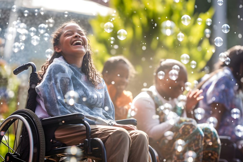 A Happy smiling Girl sitting in a Wheelchair. Children disabled person. Inclusive Education Concept.